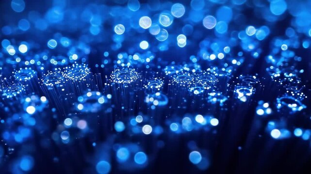 Densely packed glowing fiber optics with soft blue bokeh background