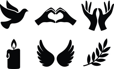 Peace love and hope silhouette icons set. dove, heart hands, candle, wings, olive branch vector illustration
