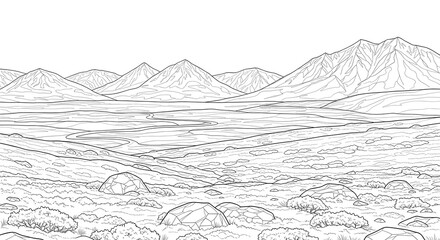 Serene Mountain Landscape with Rocky Terrain and Rolling Hills, a Beautiful Outdoor Scene