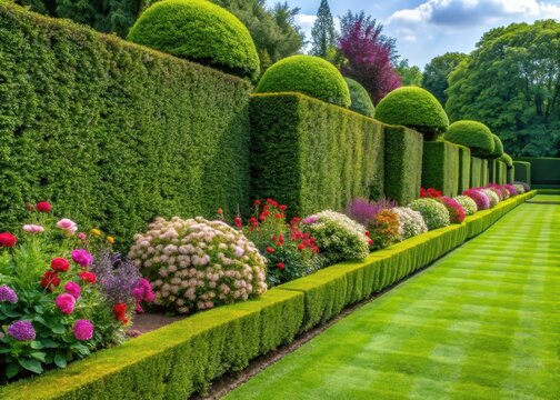 A row of neatly trimmed privet hedges lining a traditional English garden border