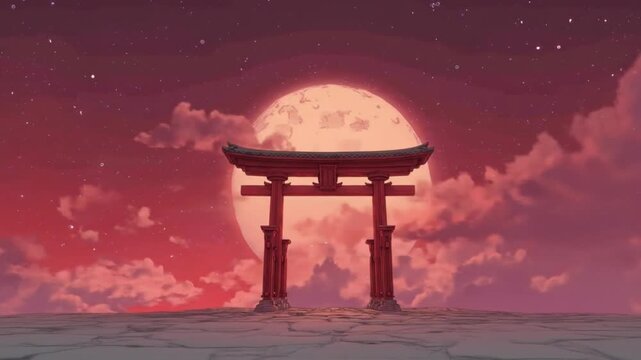 A solitary torii stands amid calm waters beneath a crimson moon and pink clouds. Soft glow on water