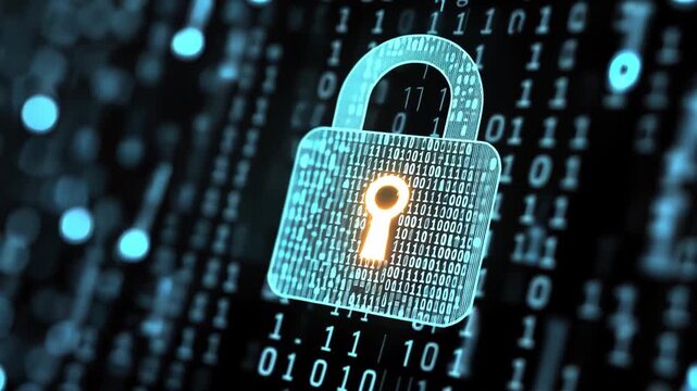 Digital Security Lock: A glowing digital lock represents the intricate web of digital security, safeguarding sensitive information with encrypted data streams.