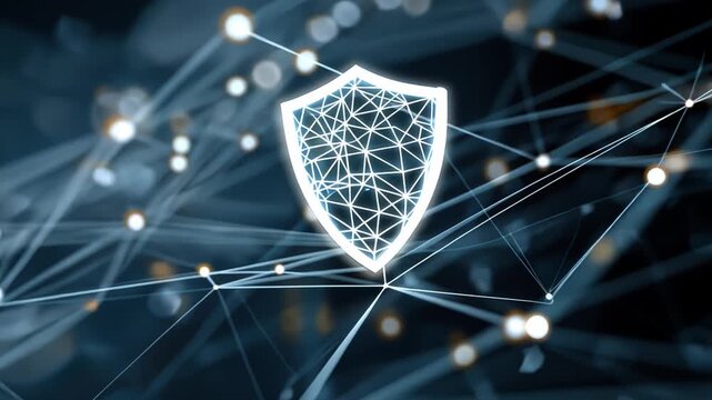 Digital Shield of Security: A radiant, futuristic shield, intricately designed with interconnected lines and points, symbolizes robust data protection and digital security within a vast network.