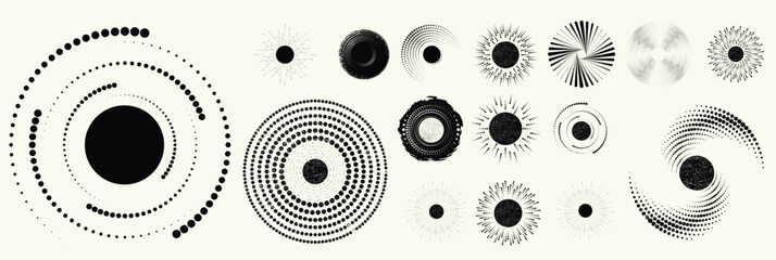 Fototapeta na wymiar Abstract circular halftones element set, geometric dotted ring and spiral circle shapes for modern design, technology, or motion graphic backgrounds. Dotted round elements, radial spirals, and vortex.