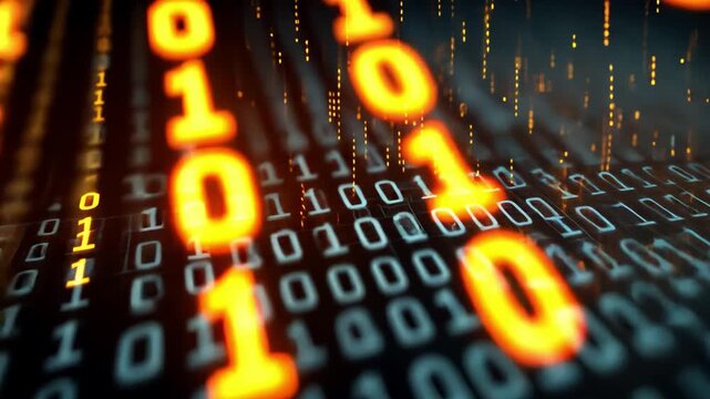 Binary code: Digitized digits illuminate a flowing digital tapestry, conveying the complexity of the digital realm