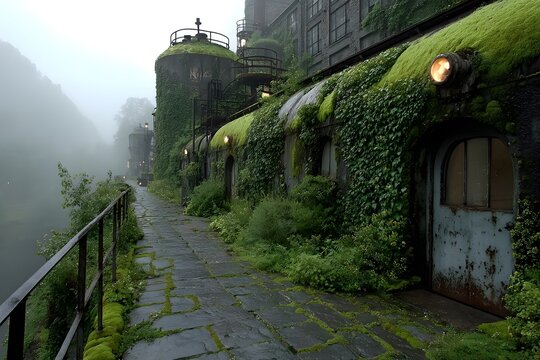 An overgrown building, emphasizing nature's reclamation, mystery, and serene atmosphere.