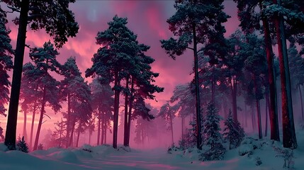 A snowy forest landscape, highlighting nature's beauty, tranquility, and scenic detail.