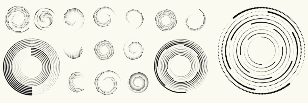 Abstract circular halftones element set, geometric dotted ring and spiral circle shapes for modern design, technology, or motion graphic backgrounds. Dotted round elements, radial spirals, and vortex.