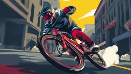A rider, in a blue jacket and red pants leans into a high-speed street turn amid urban canyons dusk