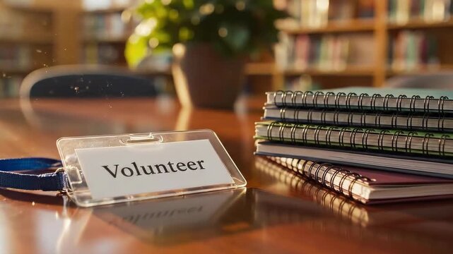 Volunteer Badge and Books in Library Setting
