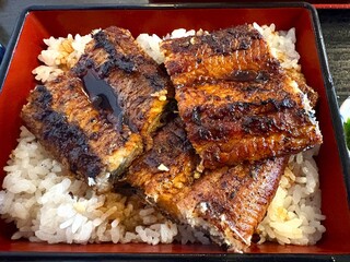 たっぷりたれがかかった炭火焼の天然うな重
