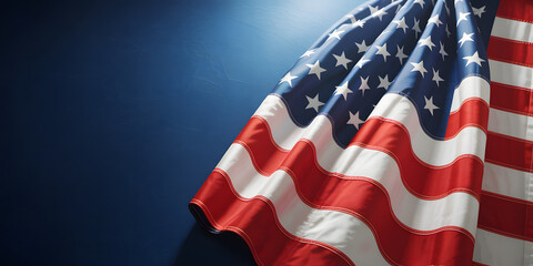 Waving the American government flag with stars and stripes, a patriotic symbol of the USA, on a blue background