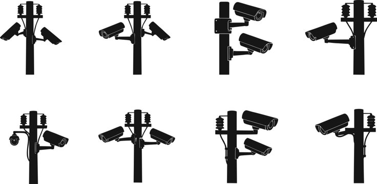 CCTV surveillance cameras silhouette, security monitoring poles, street safety technology, digital observation equipment, smart city protection system, video control infrastructure illustration