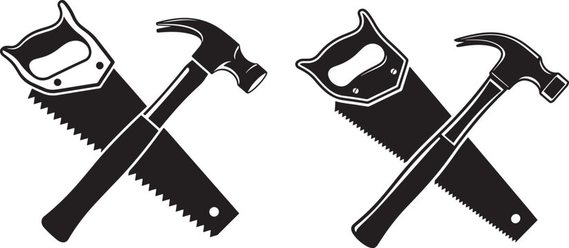 Two crossed hand saws and hammers silhouette