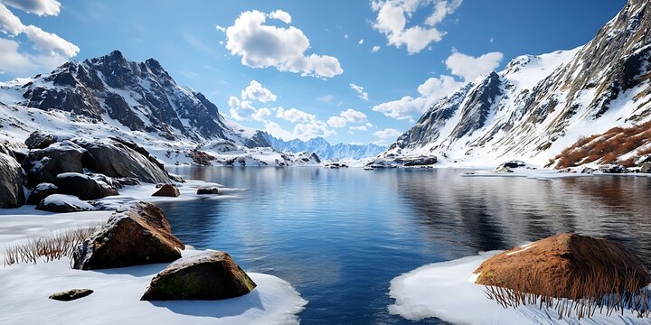 Majestic winter landscape serene mountain lake scenic nature photography snowy environment wide-angle view