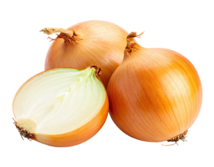 Three onions, one cut in half, brown skins, white insides