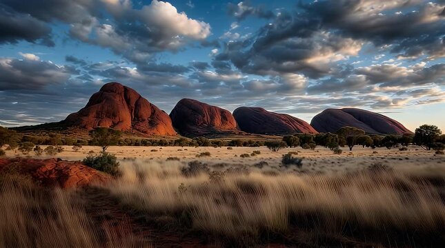 Vast landscape with large reddish rock formations under a dynamic sky filled with dramatic clouds. Foreground is tall golden grass