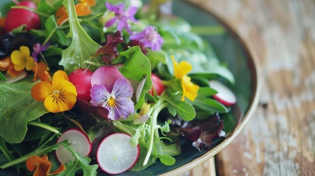 A vibrant salad with mixed greens, colorful edible flowers, and sliced radishes arranged in a bowl on a rustic wooden table.
