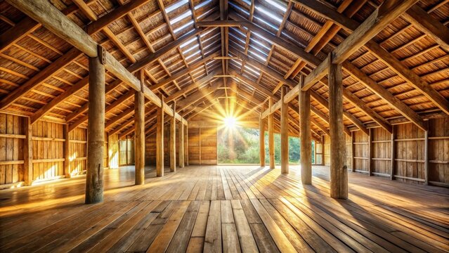 Wooden Longhouse Interior with Sunlit Beams