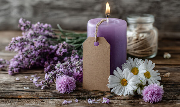 Lavender candle tag purple flower rustic wood daisy cozy mood