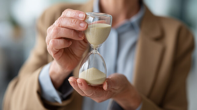 Time's Passage: The delicate dance of sand within an hourglass, held in the hands of a person, signifies the passage of time, with grains flowing downward. This image embodies concepts of patience.