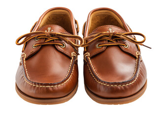 Brown leather boat shoes, tied together, facing forward