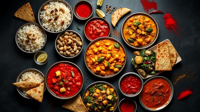 Overhead view of a vibrant Indian food spread with curries rice and naan cuisine curry