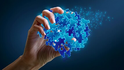 Cultivating mindset puzzle brain held by hand glowing blue pieces forming neural concept inspiring growth and focus cultivating