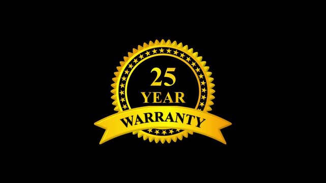 Golden 25 year warranty badge with ribbon on black background, premium quality guarantee label, certification seal, quality assurance, product guarantee seal, metallic gold warranty