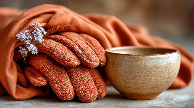 Cozy winter essentials with fleece mittens and ceramic mug for comfort and style - Powered by Adobe