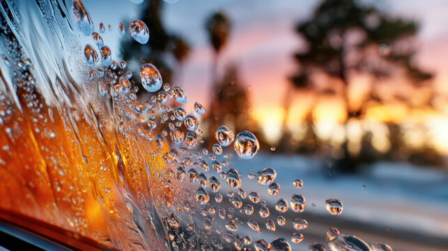 Snowflakes melting on car windshield under gentle sunlight with water droplets at dawn - Powered by Adobe