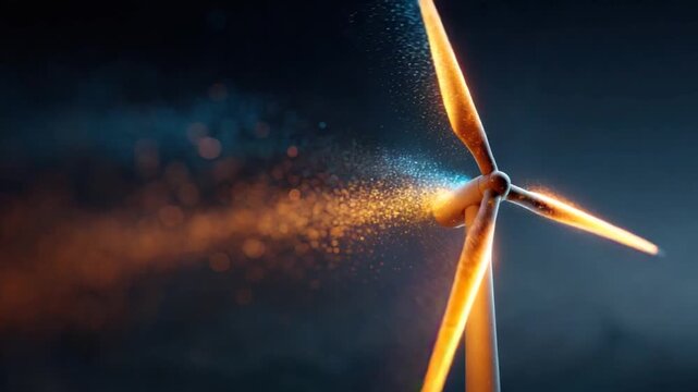 An abstract, digital illustration of a wind turbine with glowing blades against a dark blue background