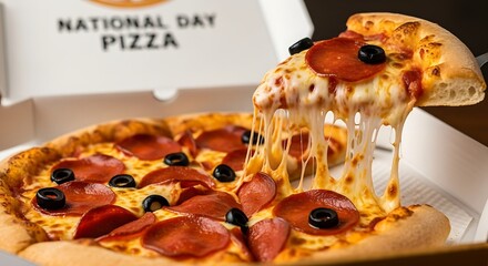 Delicious pepperoni pizza with cheese in a box for national pizza day