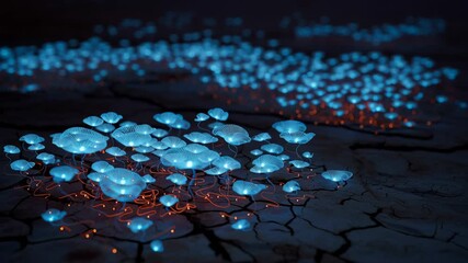Glowing mushroom cluster cultivating mindset surreal nighttime landscape bioluminescent fungi glowing cluster luminous fungi - Powered by Adobe