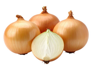 Four onions, one cut in half showing inner layers