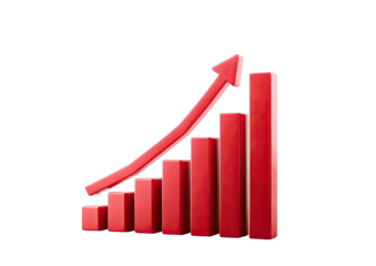 Red bar graph with upward-pointing arrow indicates growth