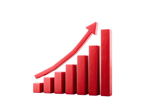 Red bar graph with upward-pointing arrow indicates growth