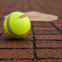 softball resting on a bed of crushed red brick, mimicking the infield dirt, with soft morning light creating small highlights on each water droplet