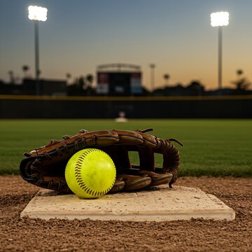 a pristine white softball resting in the webbing of a weathered brown leather glove, placed on home plate with the stadium's outfield fence and lights blurred in the background during golden hour