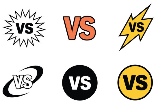 Versus match logos set of 6 battle designs, featuring vs text, lightning, starburst, circular icons, suitable for gaming and esports branding