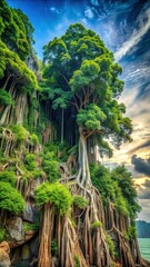 Fototapeta premium Tropical island landscape featuring dense green foliage covering rugged rocky outcrops with intricate tree roots and vines