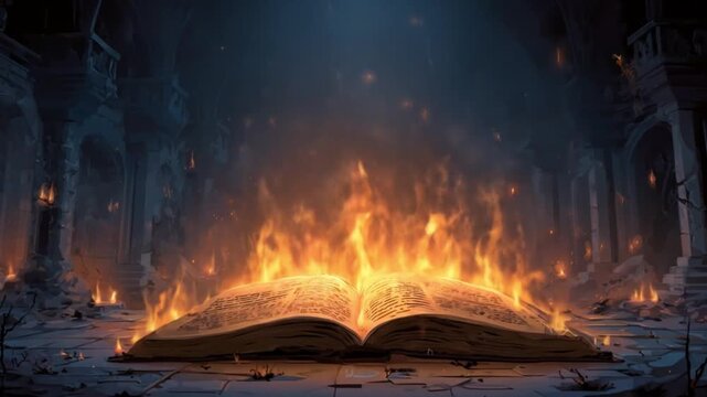 Open tome blazing in a ruinous hall; blue dusk, sparks rise as firelight engulfs statues amid gloom