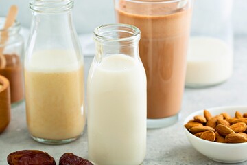 Assortment of plant based milks and ingredients