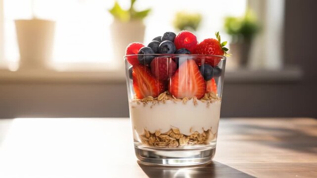 Fruit parfait in glass granola, yogurt, berries (strawberries, blueberries)