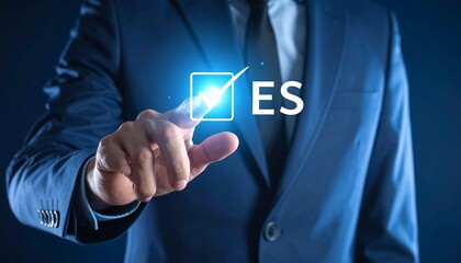 Businessman in suit touching glowing "YES" button on digital interface.