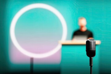 A vintage microphone stands in sharp focus in the foreground, while a blurred figure sits at a desk with a laptop, illuminated by a ring light in the background