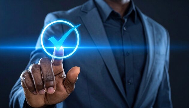 Businessman in suit touching glowing "YES" button on digital interface.