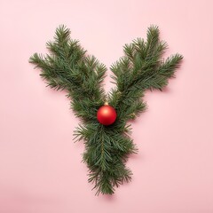 Pine Branch Letter Y with Red Ornament on Soft Pink Holiday Background