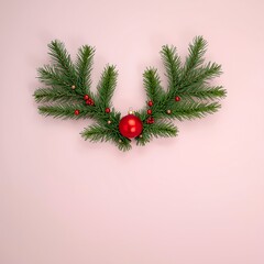 Pine Branch Letter Y with Red Ornament on Soft Pink Holiday Background