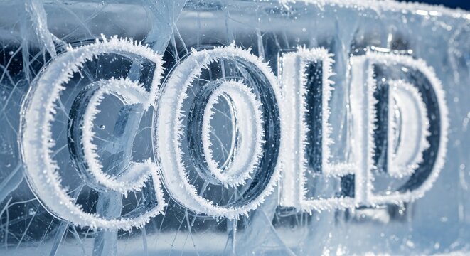 The word cold carved into ice with frost and ice crystals, representing winter and freezing temperatures